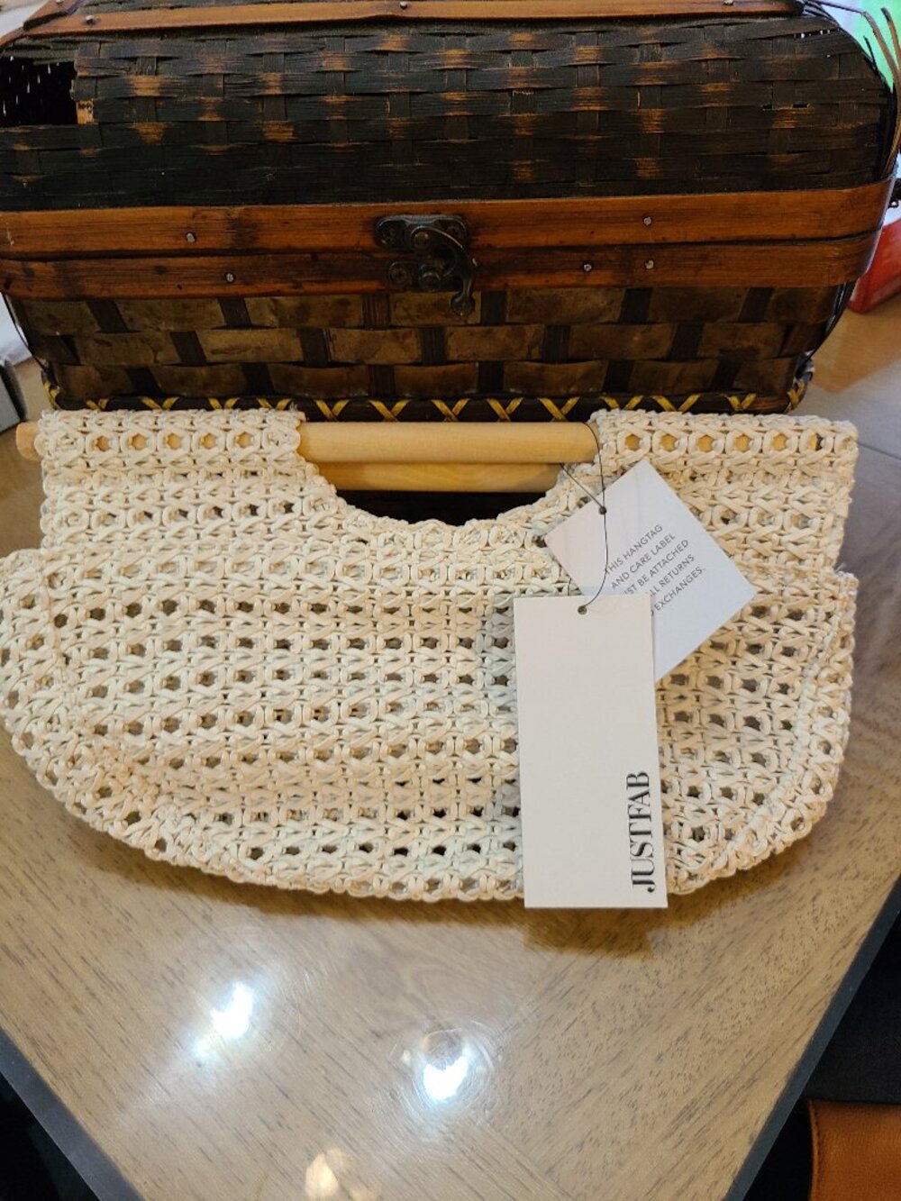 JustFab FABFORALL Straw PVC Handbag Purse Ivory Color Wooden Handles